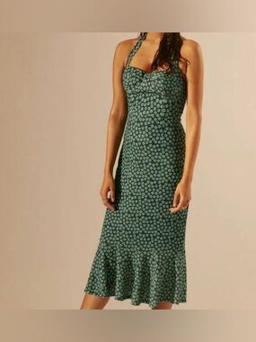 Anthropologie Hutch NEW Halter Corset Midi Dress In Green Motif Size large